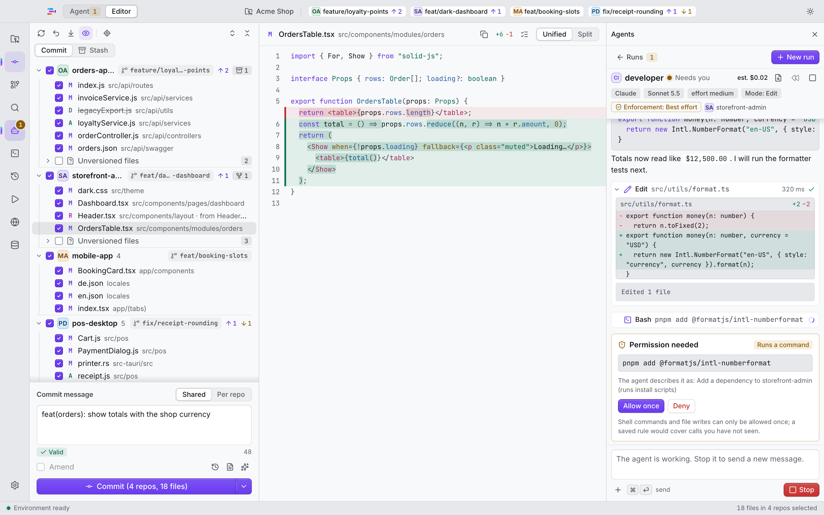 IntelyIDE main window with the multi-repository Changes tree, an editor and an agent panel.