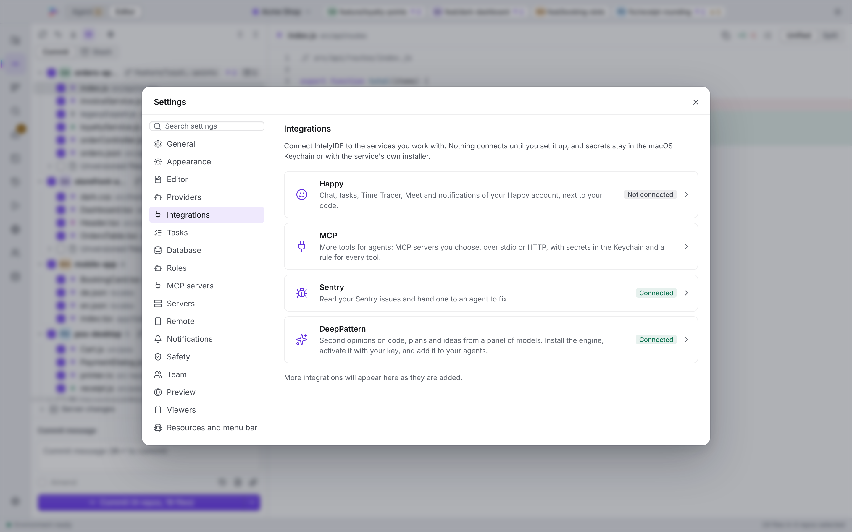 Settings, Integrations: cards for Happy, MCP servers, Sentry and DeepPattern; each card shows its connection status.