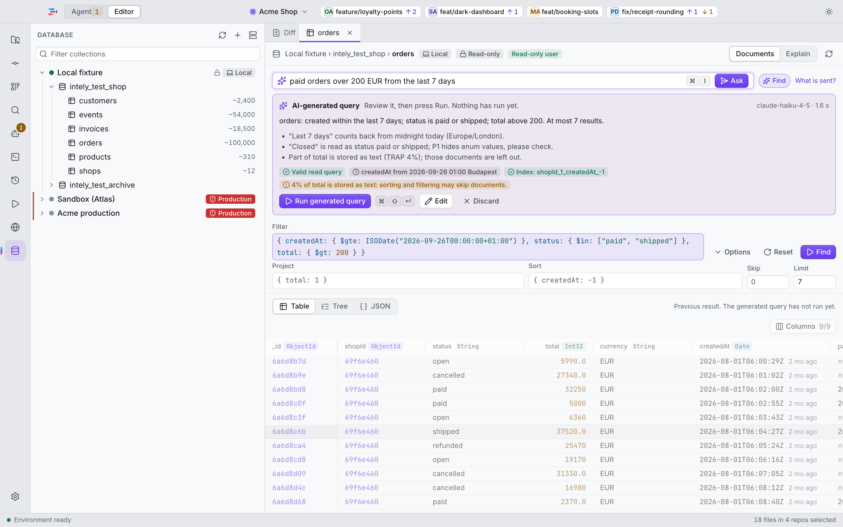 MongoDB Studio showing a read-only query and its results.