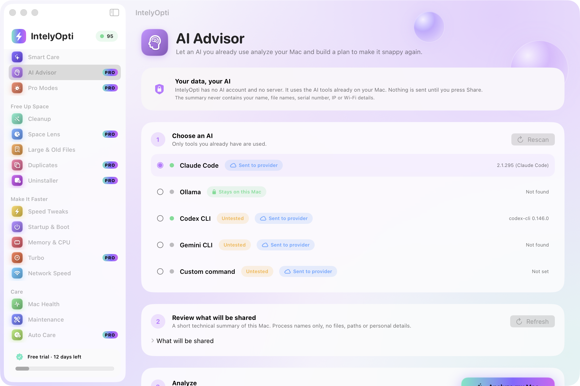 IntelyOpti AI Advisor showing a plan built from a redacted snapshot.