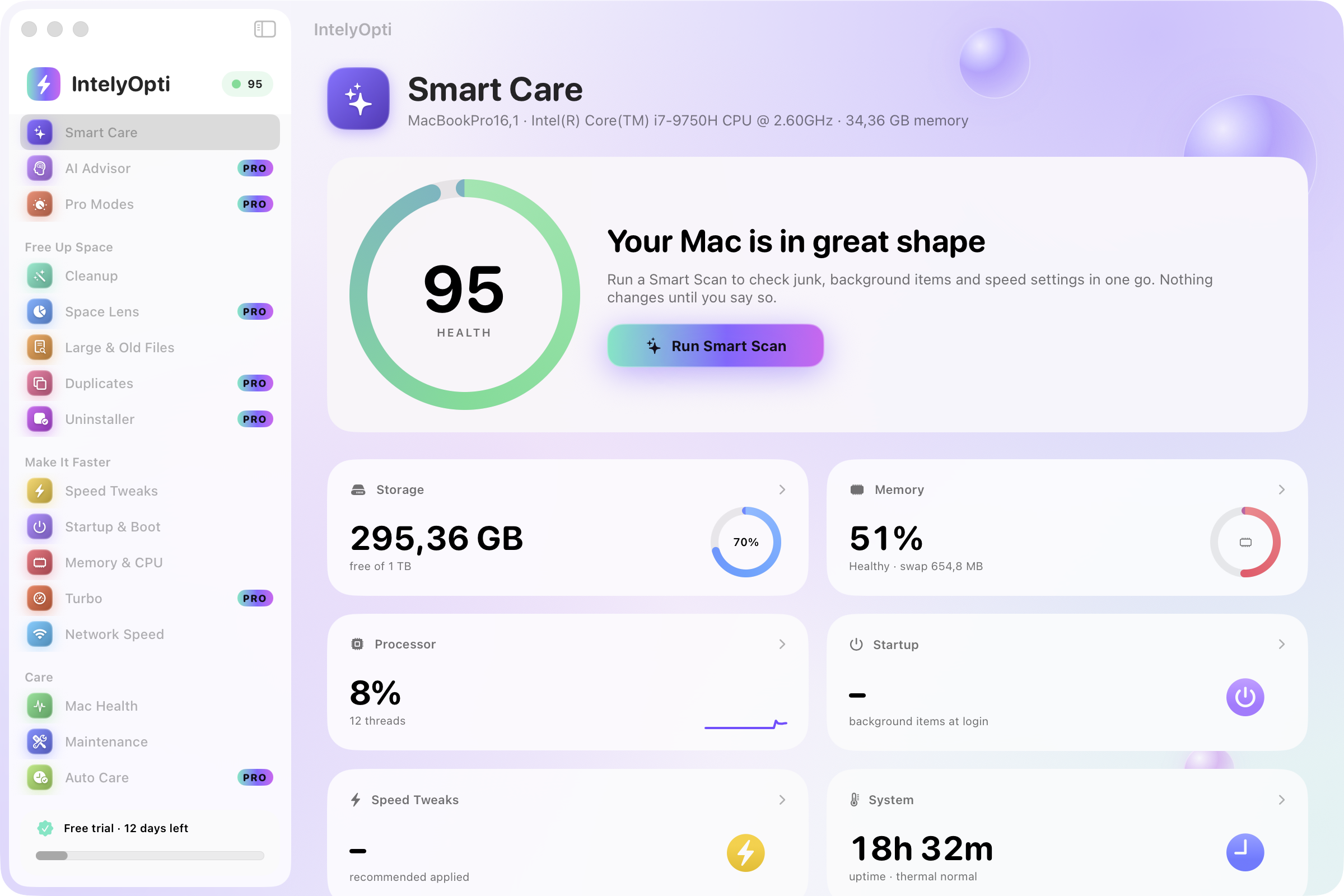IntelyOpti Smart Care dashboard showing the Mac health score.