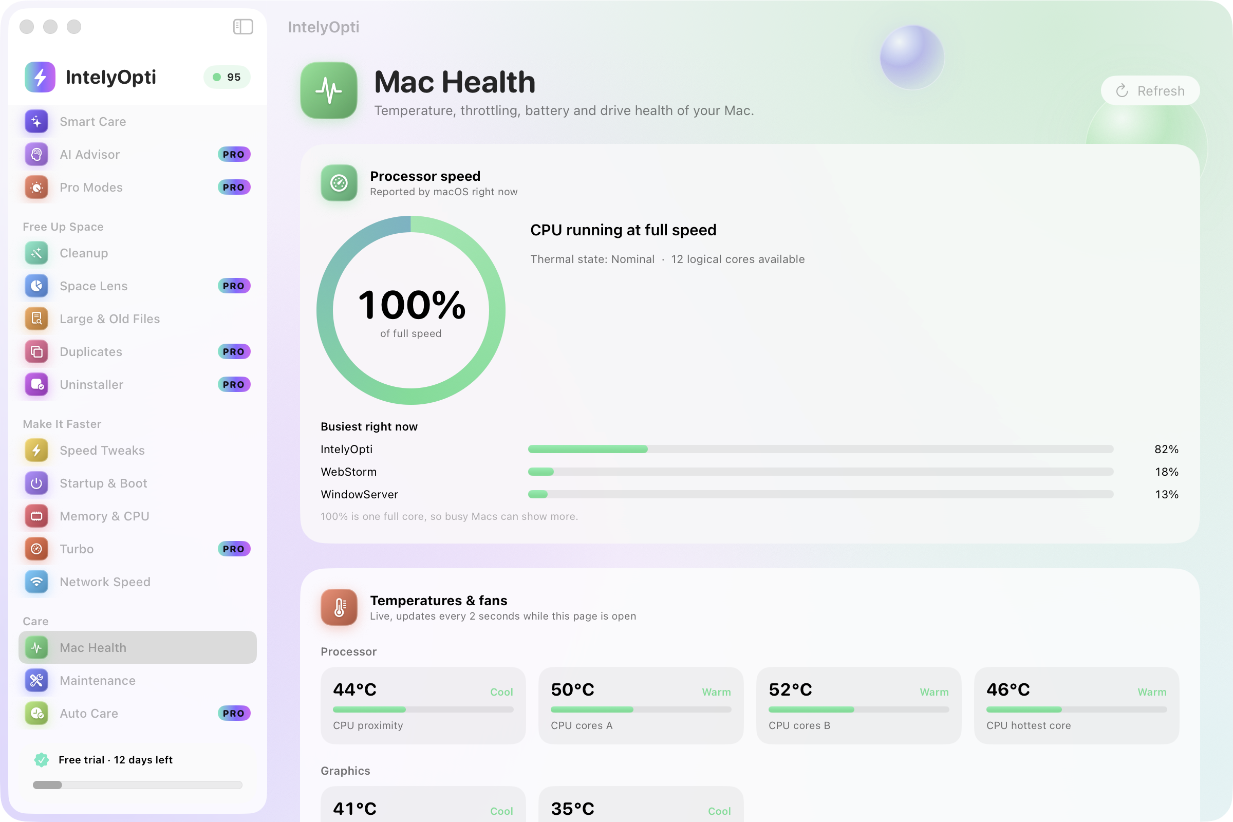 IntelyOpti Mac Health with temperatures, fans and battery.