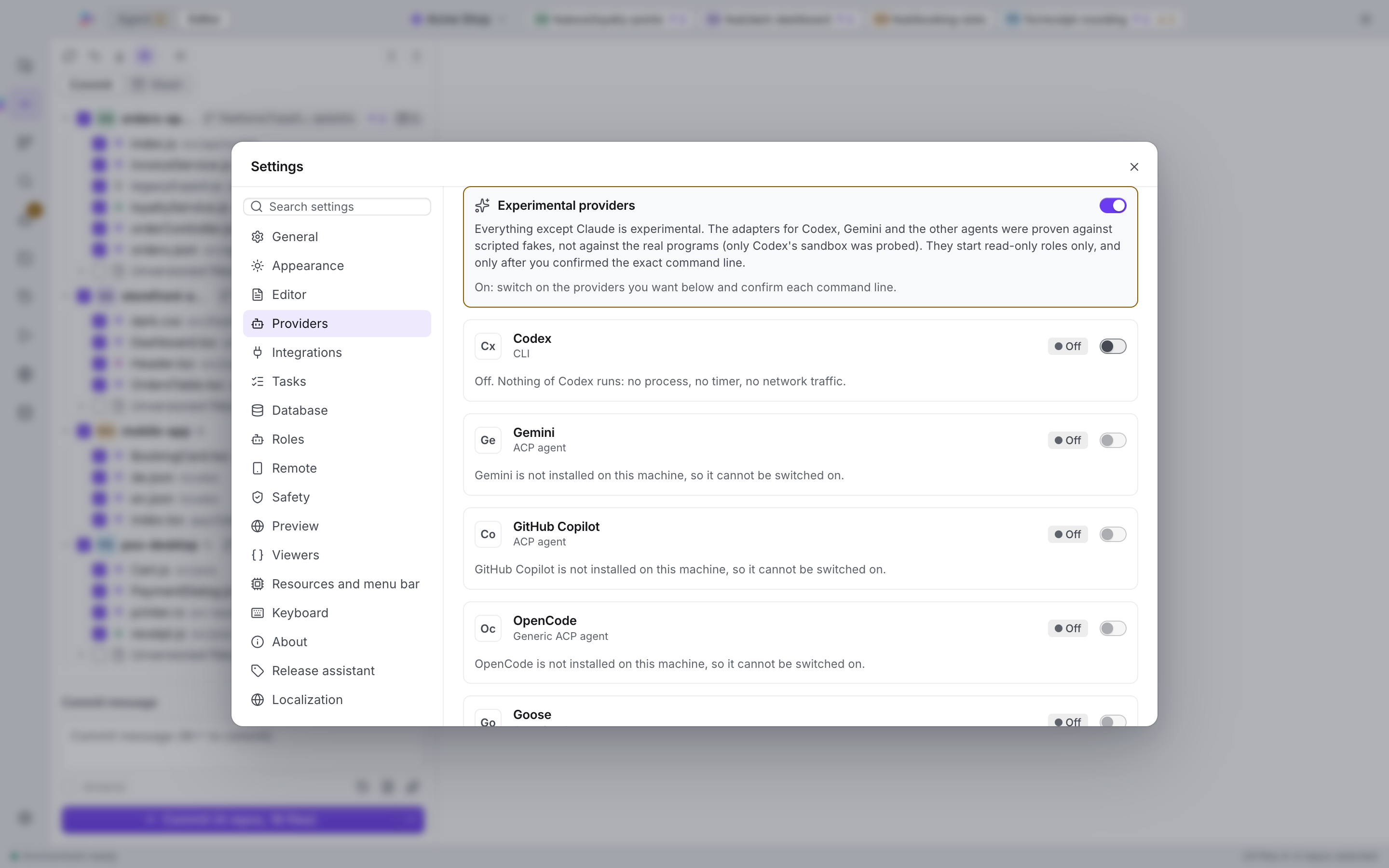 Settings, Providers: the provider cards and the Experimental providers switch.