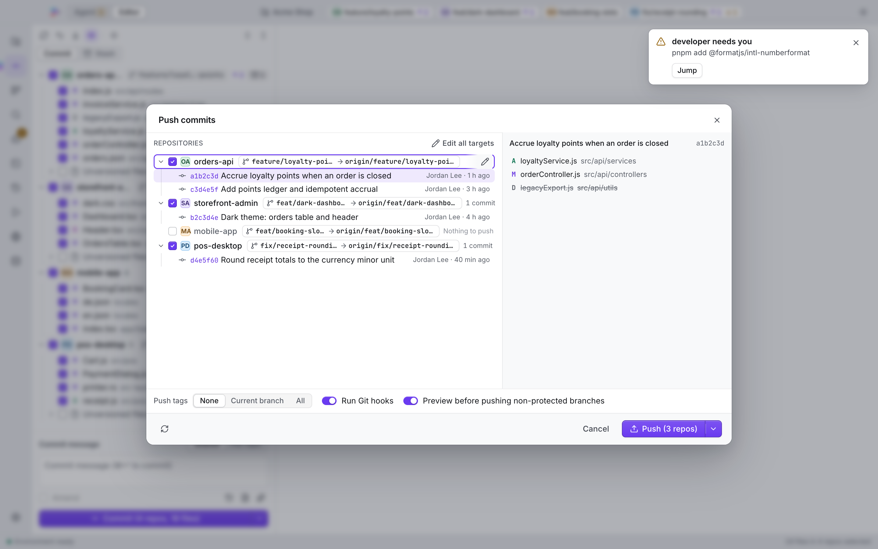 The push dialog with one checkbox for each repository.