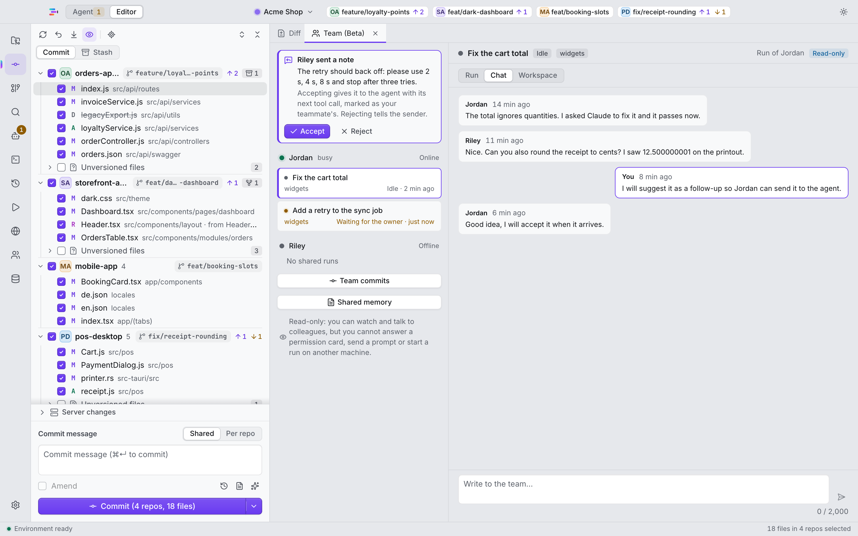 Chat in a teammate's shared run: the thread belongs to the people, the agent never sees it.