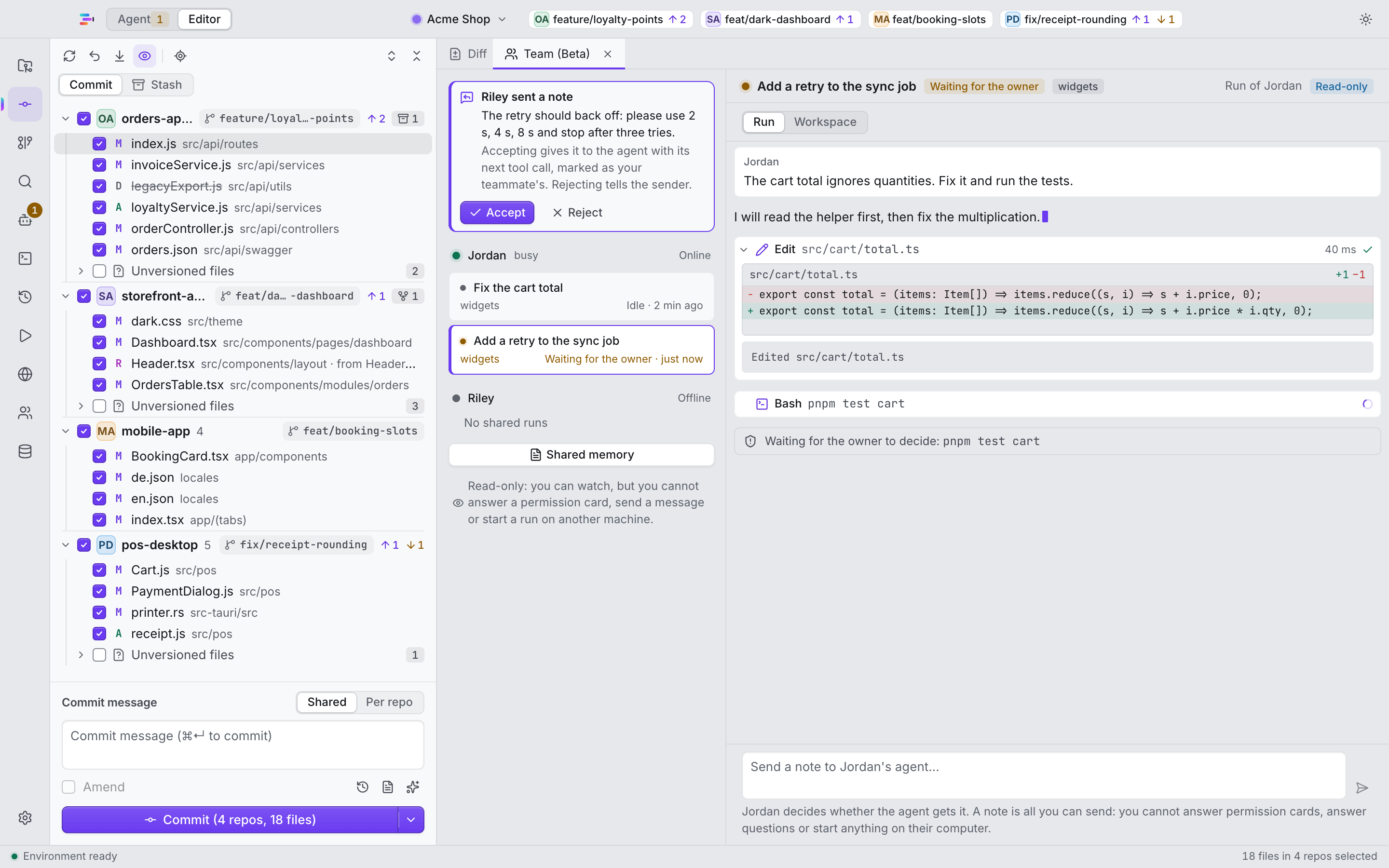 The Team tab: a teammate's run read-only, with a note waiting for your approval.