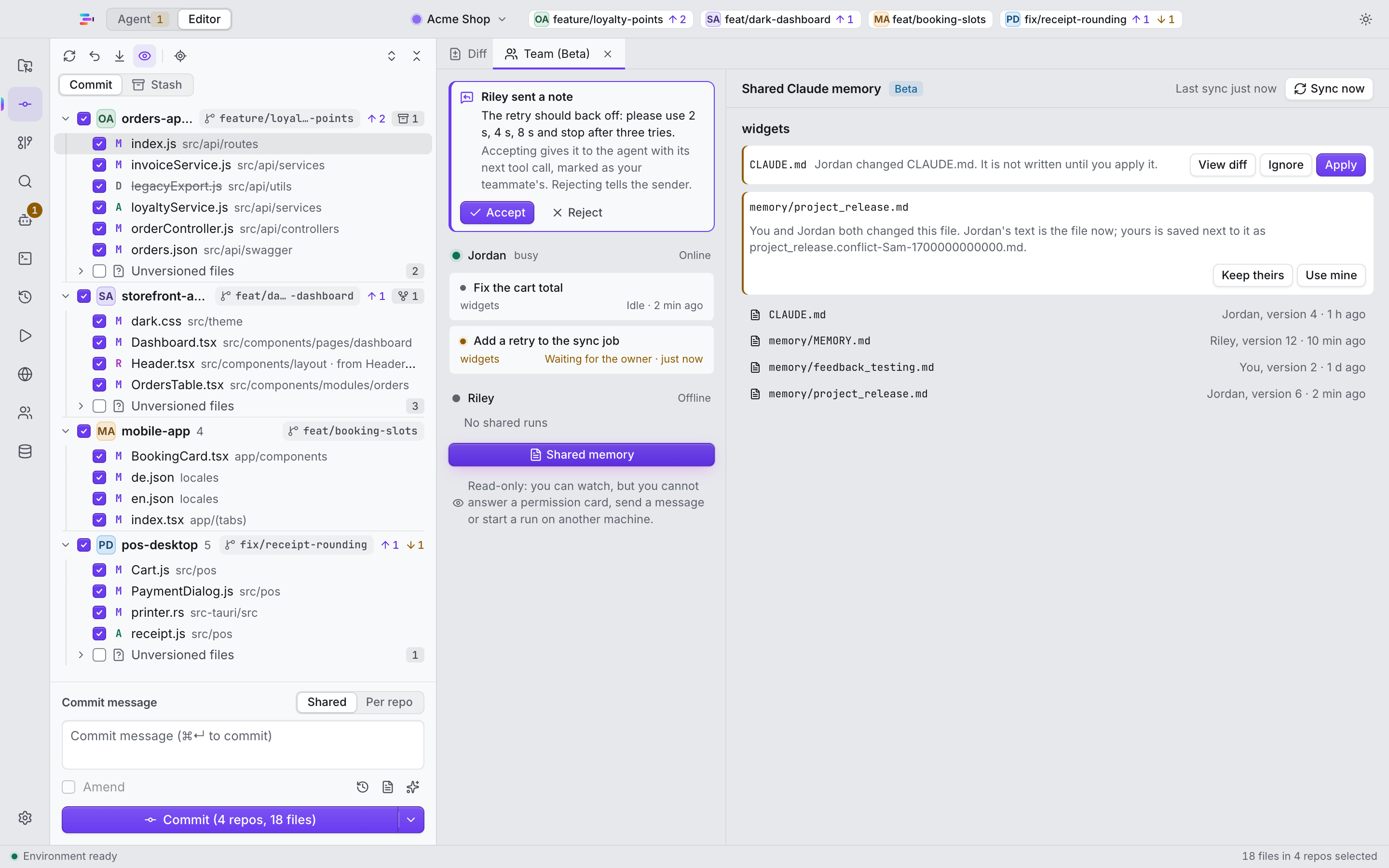 Shared Claude memory with a pending CLAUDE.md change and a conflict copy.